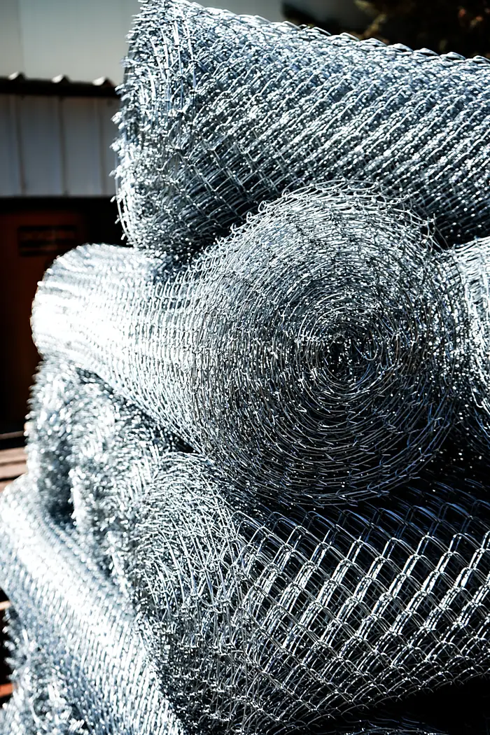 Rolls of galvanised chain-link fencing