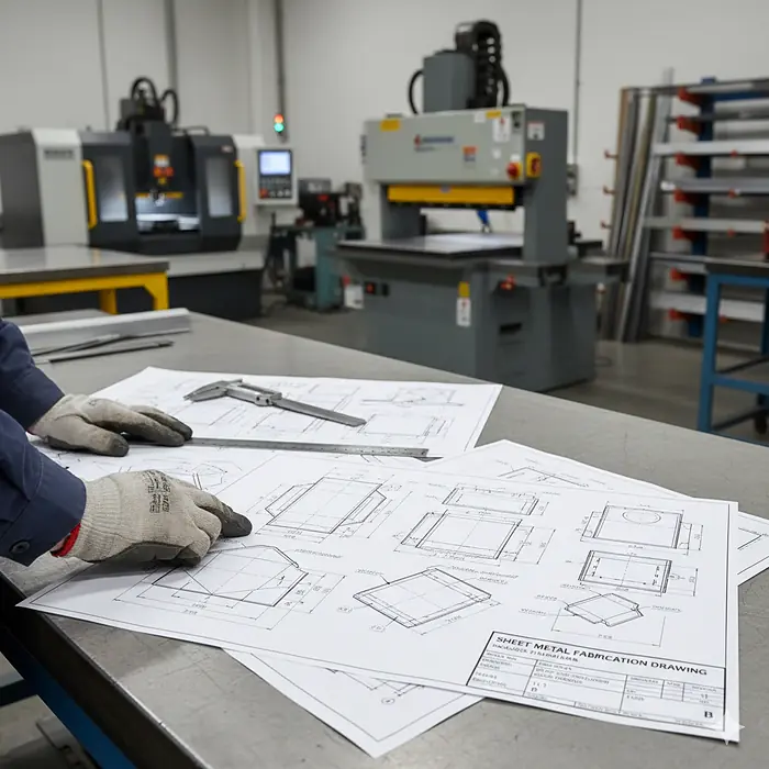 Fabrication drawings laid out on a workbench with calipers and rule