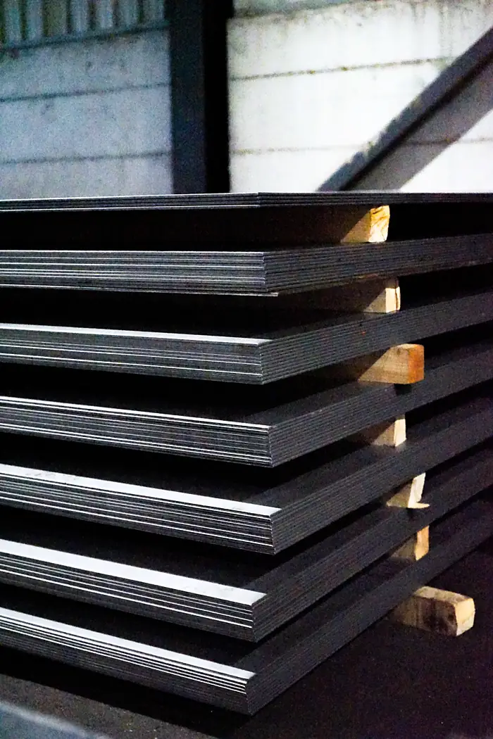 Hot-rolled steel sheet stacked on timber bearers