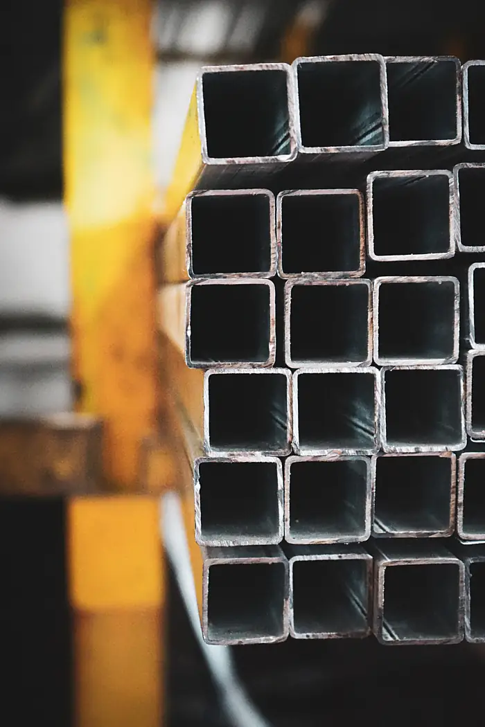 Square hollow sections bundled, cut ends facing the camera